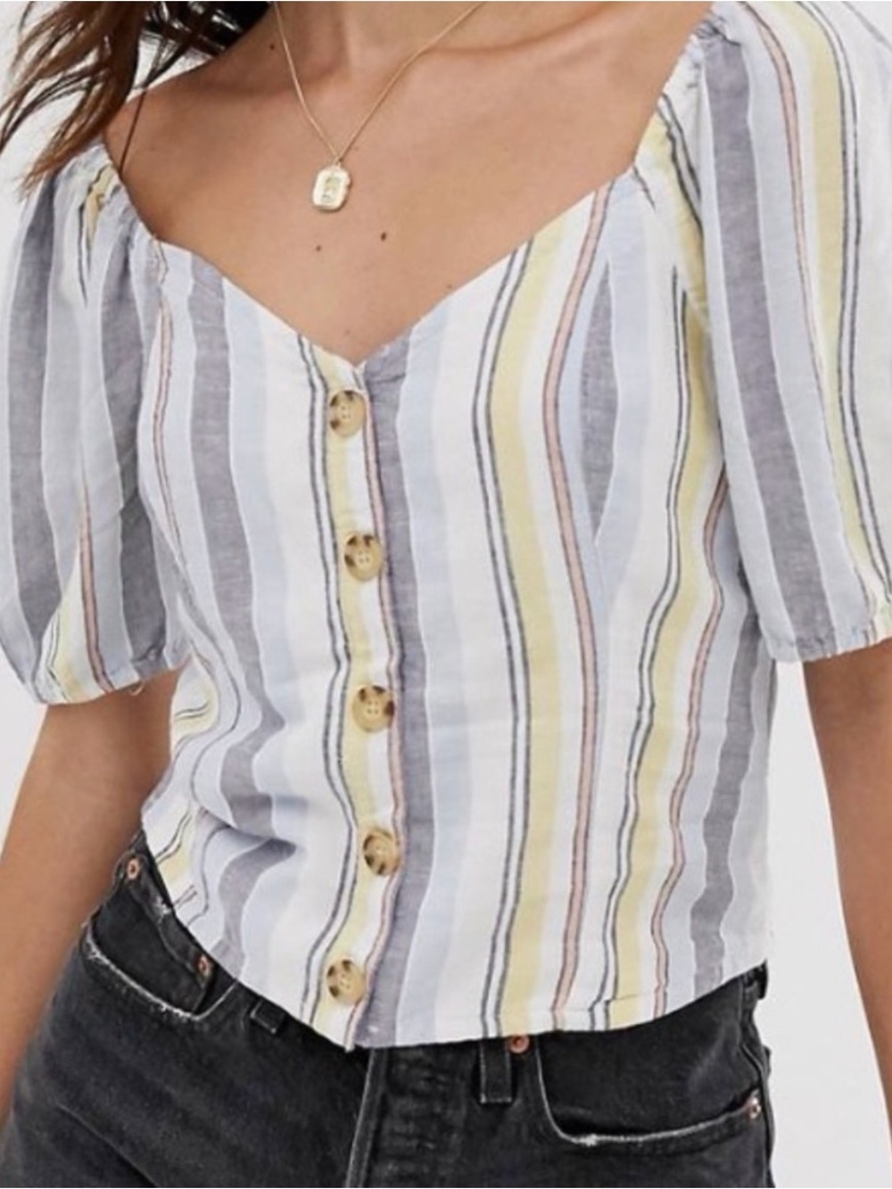 Striped Button-Front Puff Sleeve Top in White and Yellow